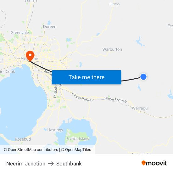 Neerim Junction to Southbank map