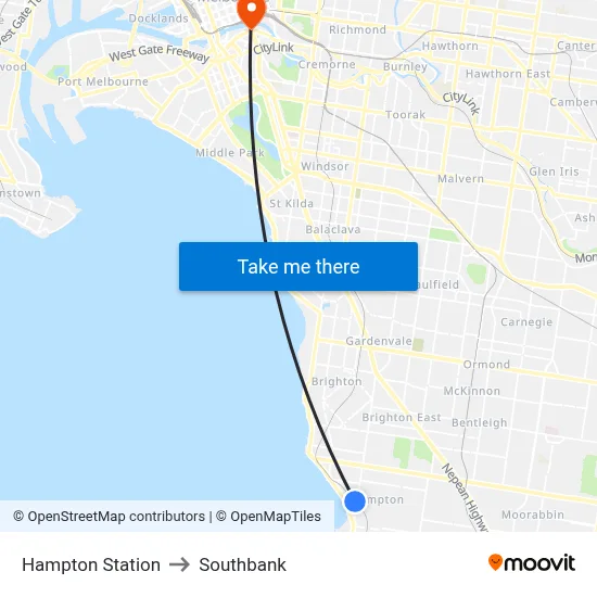 Hampton Station to Southbank map