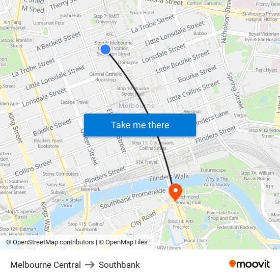 Melbourne Central to Southbank map