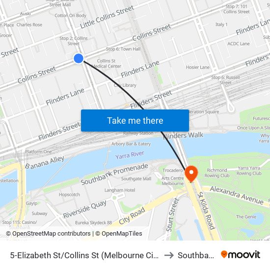 5-Elizabeth St/Collins St (Melbourne City) to Southbank map