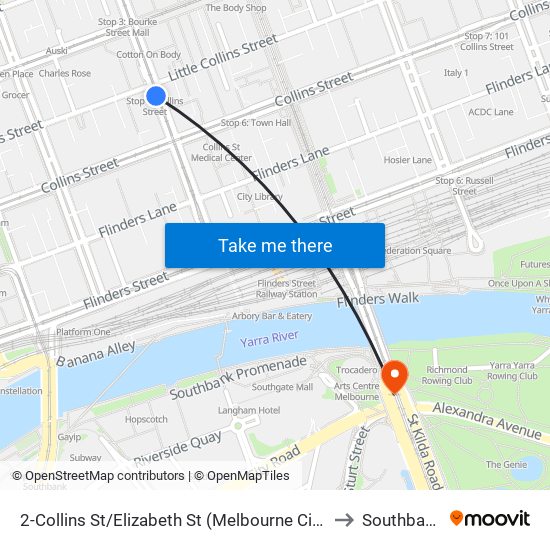 2-Collins St/Elizabeth St (Melbourne City) to Southbank map