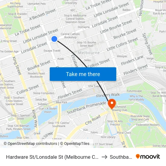 Hardware St/Lonsdale St to Southbank map