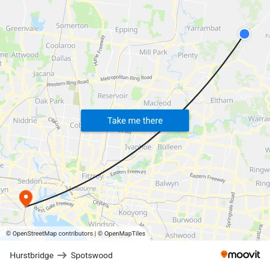 Hurstbridge to Spotswood map