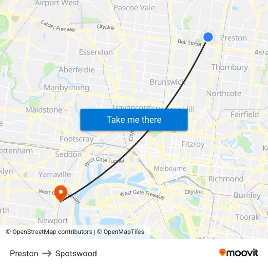 Preston to Spotswood map