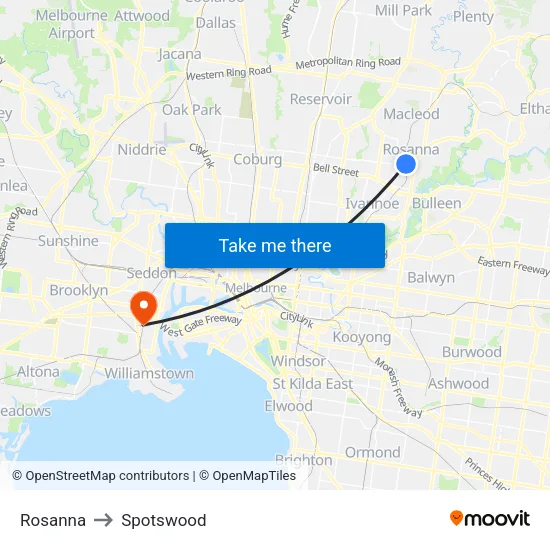 Rosanna to Spotswood map