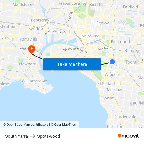 South Yarra to Spotswood map