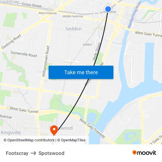 Footscray to Spotswood map