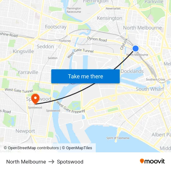 North Melbourne to Spotswood map