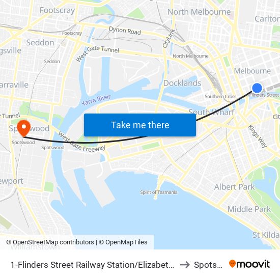 1-Flinders Street Railway Station/Elizabeth St (Melbourne City) to Spotswood map