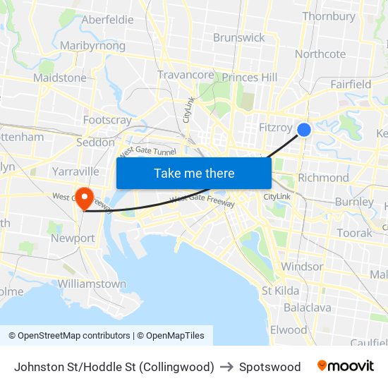 Johnston St/Hoddle St (Collingwood) to Spotswood map