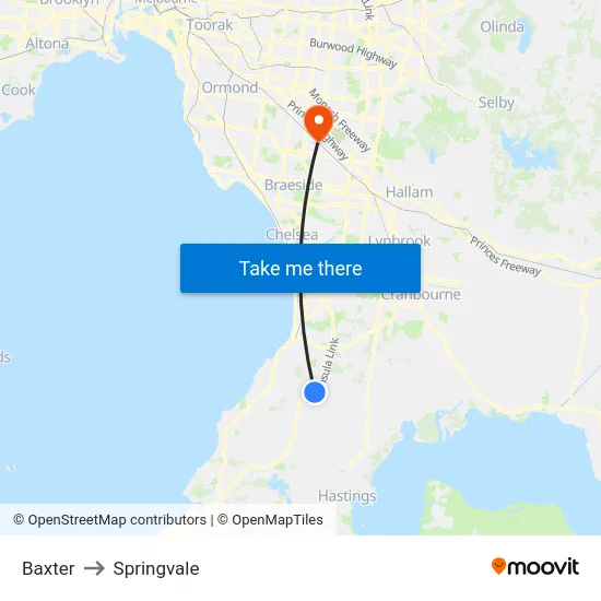 Baxter to Springvale map