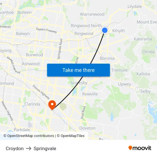 Croydon to Springvale map
