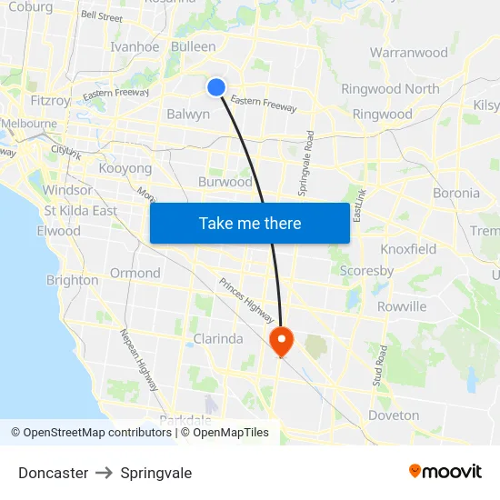 Doncaster to Springvale map