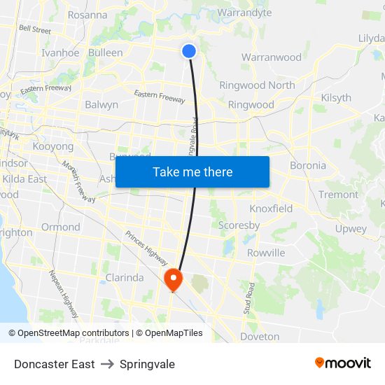 Doncaster East to Springvale map