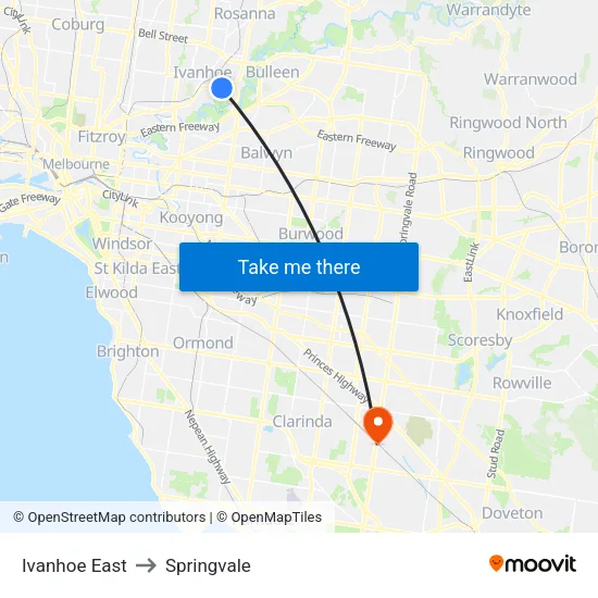 Ivanhoe East to Springvale map