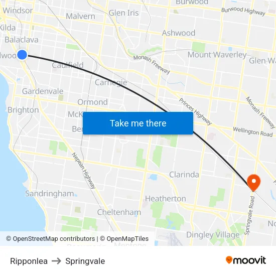 Ripponlea to Springvale map