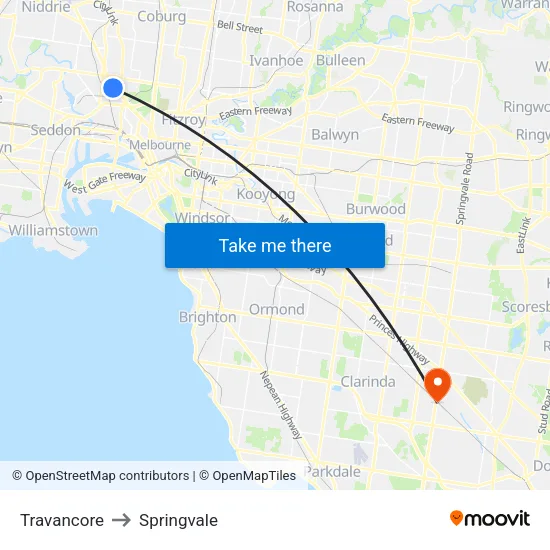 Travancore to Springvale map