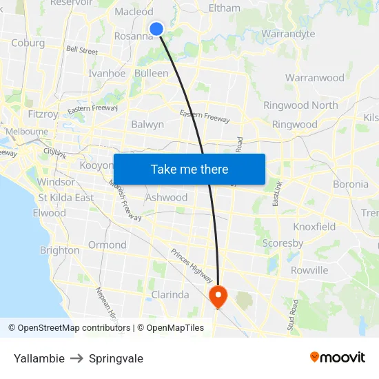 Yallambie to Springvale map