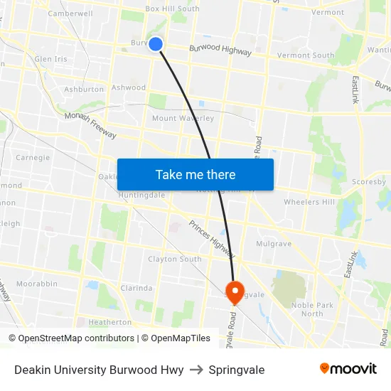 Deakin University Burwood Hwy to Springvale map