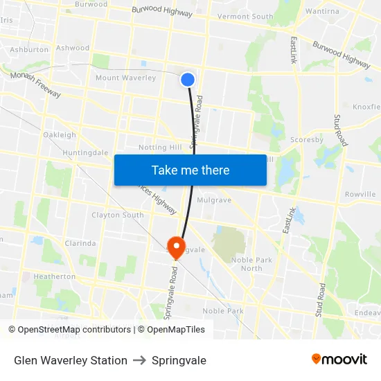 Glen Waverley Station to Springvale map