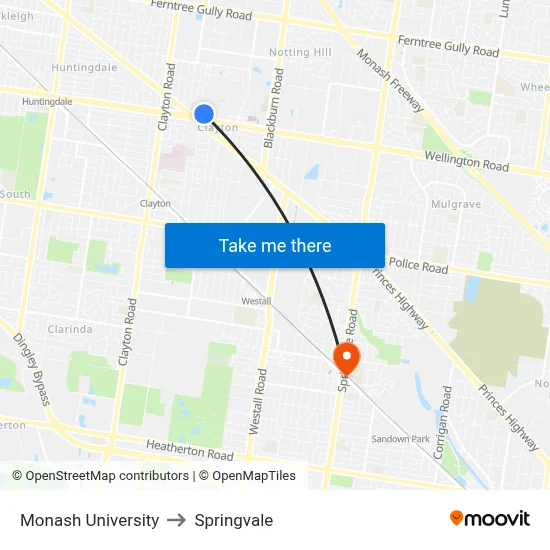 Monash University to Springvale map