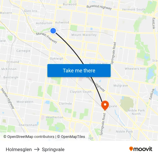 Holmesglen to Springvale map