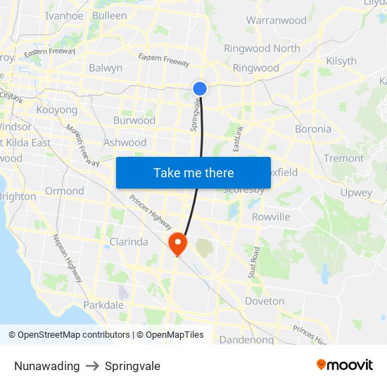 Nunawading to Springvale map