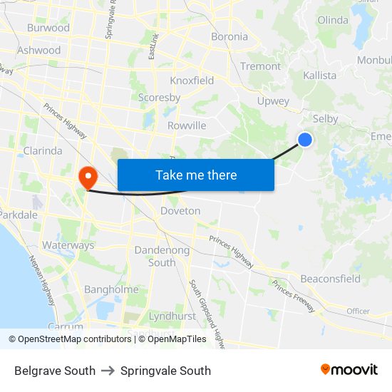 Belgrave South to Springvale South map