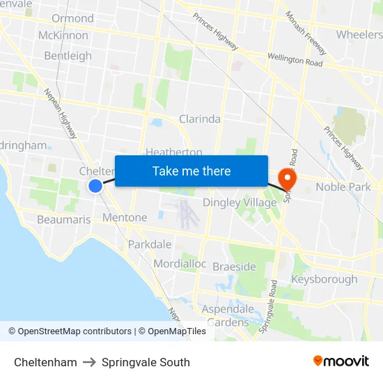 Cheltenham to Springvale South map