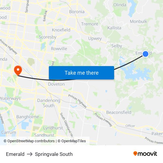 Emerald to Springvale South map