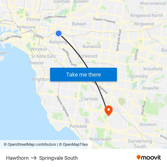 Hawthorn to Springvale South map