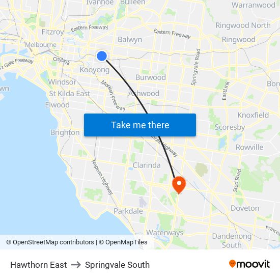 Hawthorn East to Springvale South map
