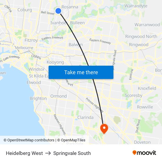 Heidelberg West to Springvale South map