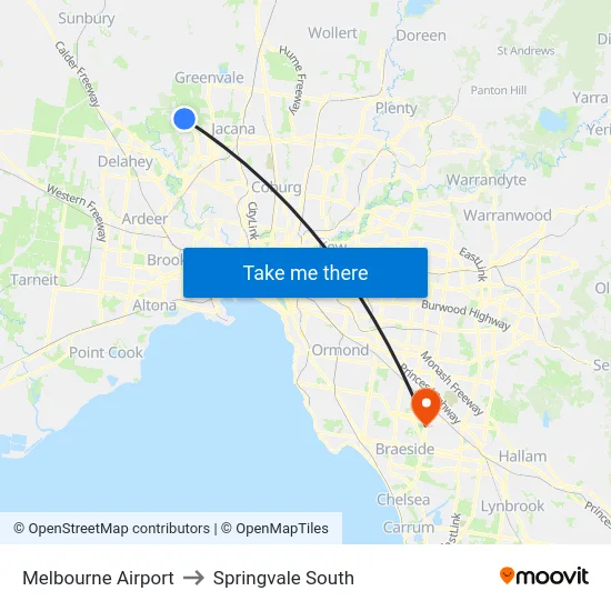 Melbourne Airport to Springvale South map