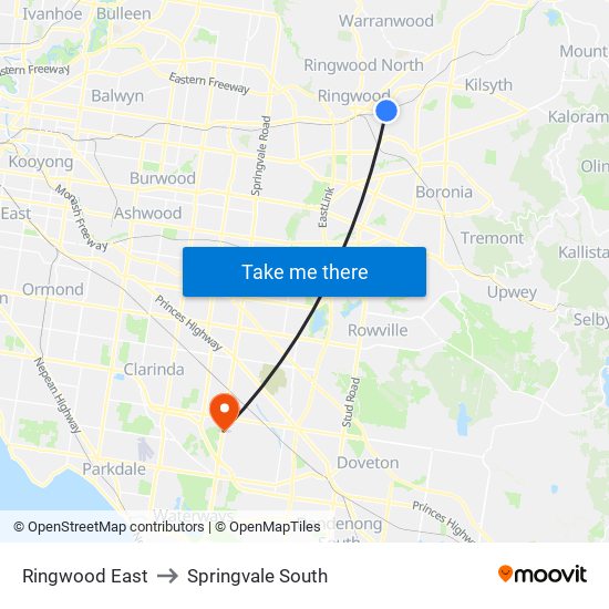 Ringwood East to Springvale South map