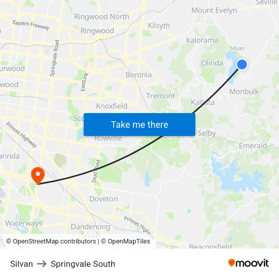 Silvan to Springvale South map