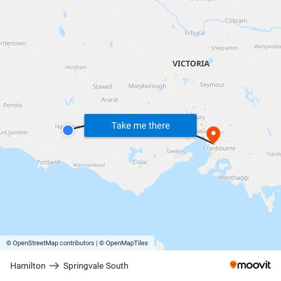 Hamilton to Springvale South map