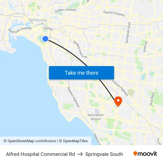 Alfred Hospital Commercial Rd to Springvale South map
