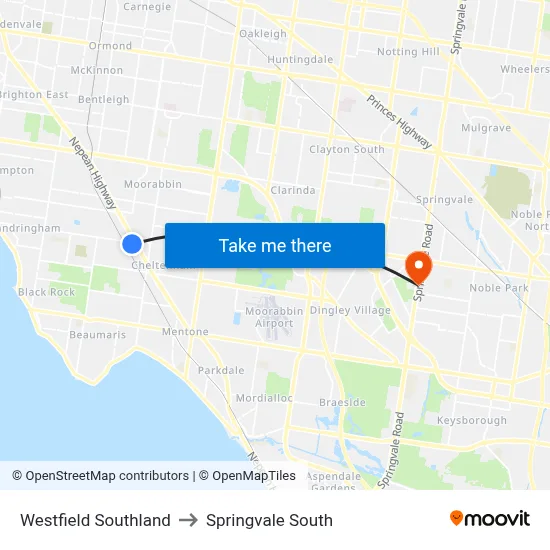 Westfield Southland to Springvale South map