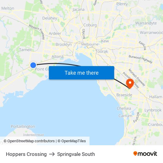 Hoppers Crossing to Springvale South map