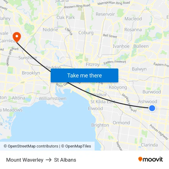 Mount Waverley to St Albans map