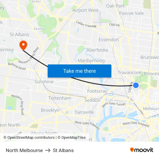 North Melbourne to St Albans map