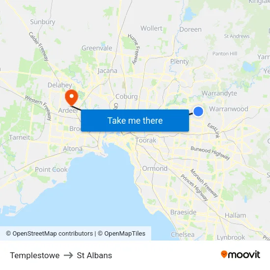Templestowe to St Albans map