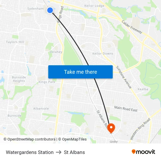 Watergardens Station to St Albans map