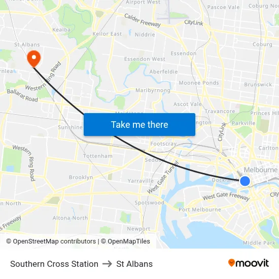 Southern Cross Station to St Albans map