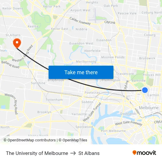 The University of Melbourne to St Albans map