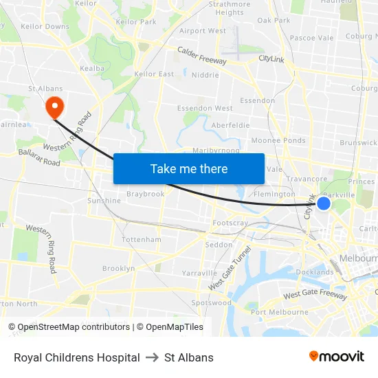 Royal Childrens Hospital to St Albans map