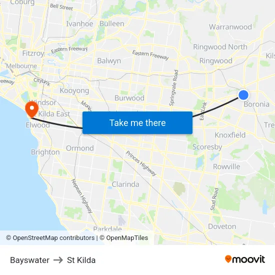 Bayswater to St Kilda map