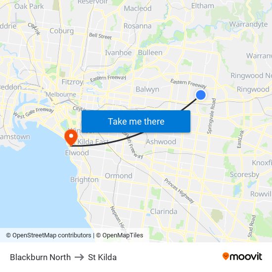 Blackburn North to St Kilda map