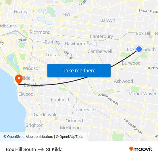 Box Hill South to St Kilda map